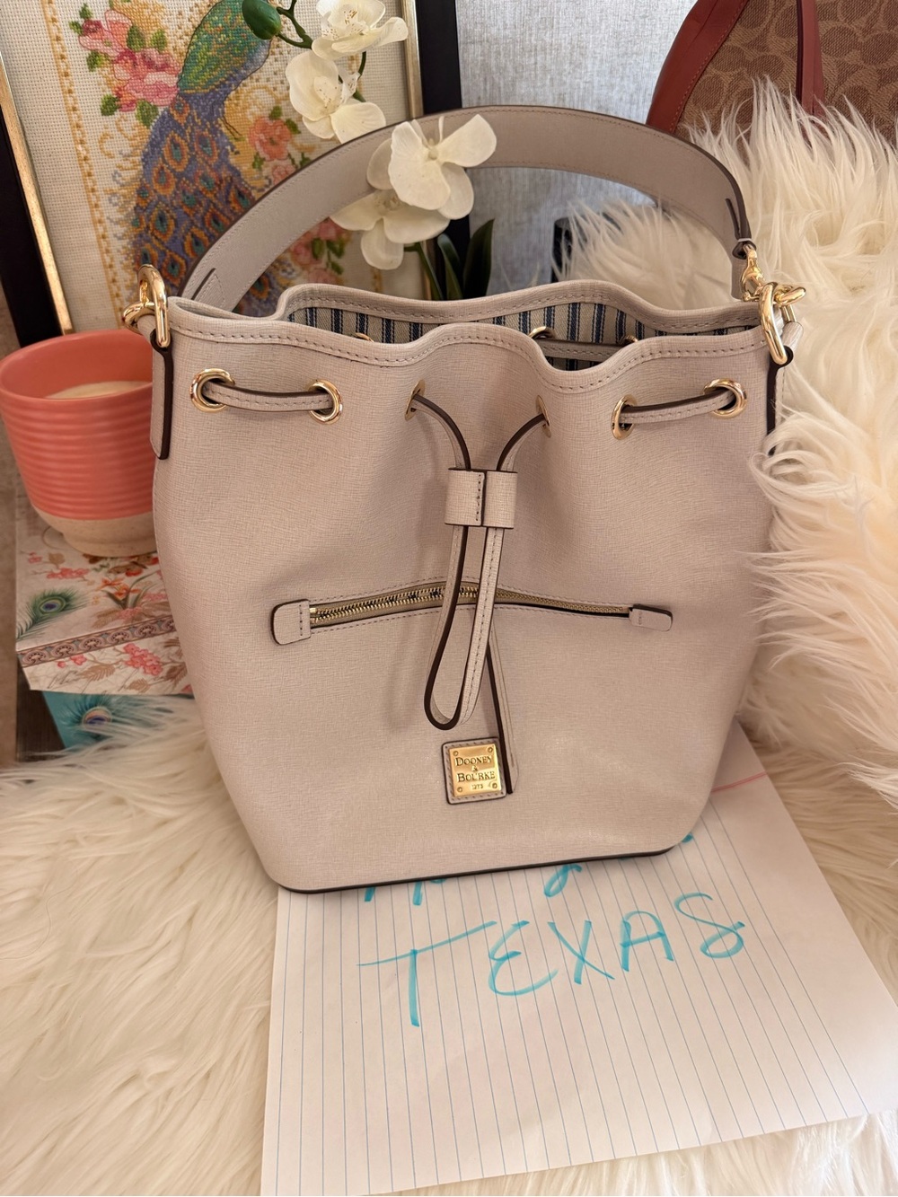Dooney & Bourke Saffiano Drawstring Bucket Shoulder Bag with Gold Hardware